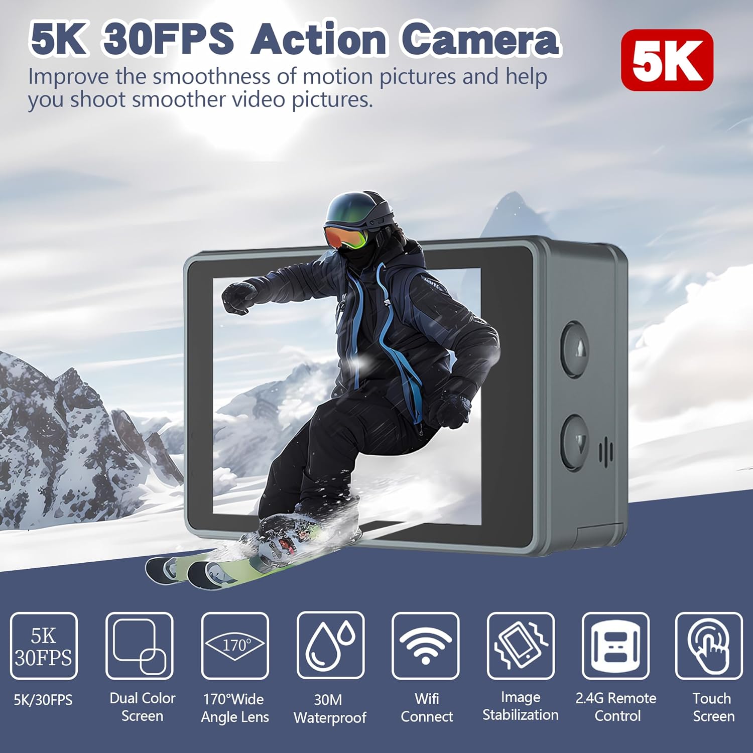 Action Camera 5K30FPS, 48MP Ultra HD Underwater Camera EIS WiFi Remote Control Dual Touchscreens Sport Cameras with 32GB SD Card, Microphone and Helmet Mount Accessories Kits - Image 2