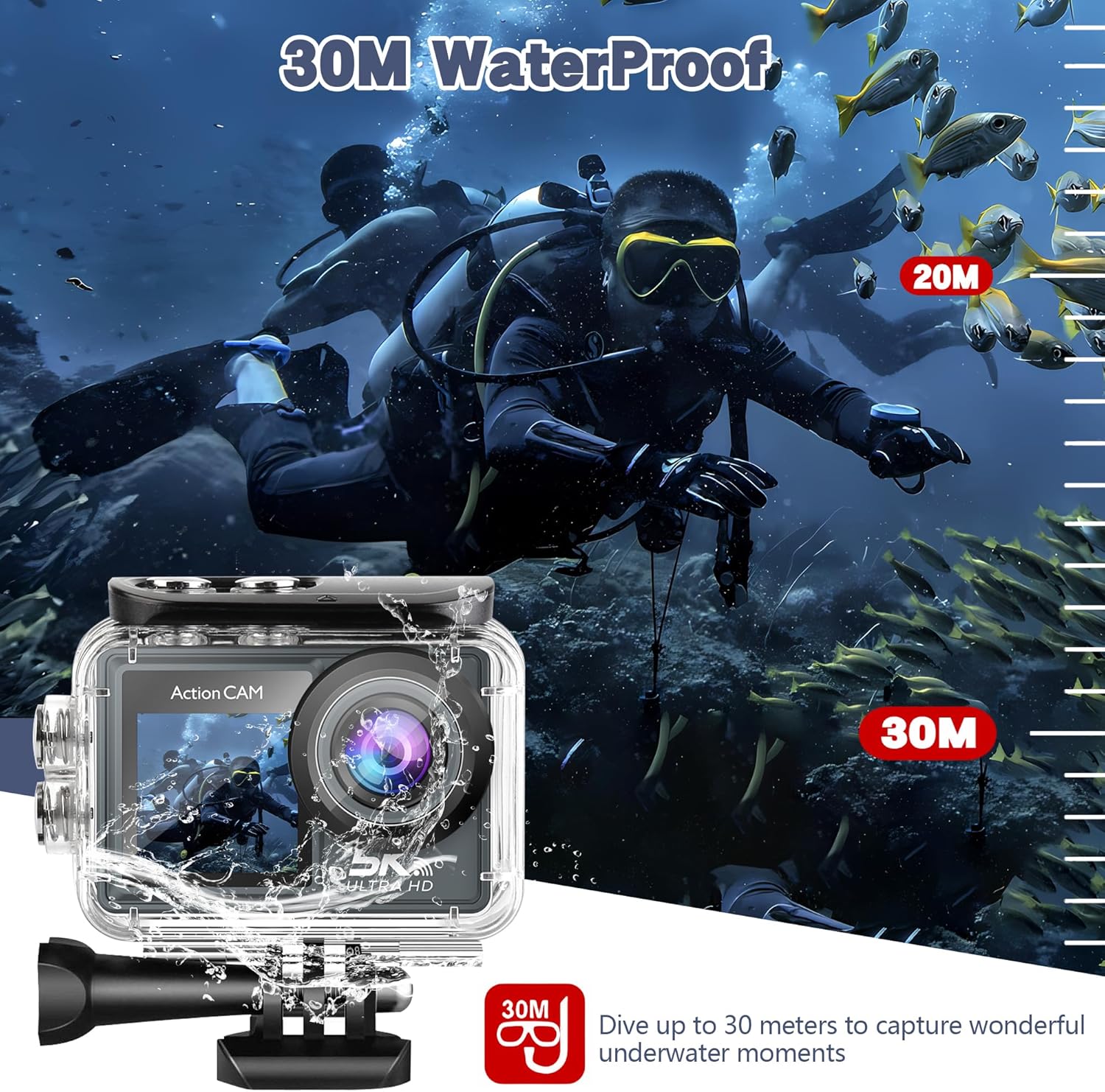 Action Camera 5K30FPS, 48MP Ultra HD Underwater Camera EIS WiFi Remote Control Dual Touchscreens Sport Cameras with 32GB SD Card, Microphone and Helmet Mount Accessories Kits - Image 3