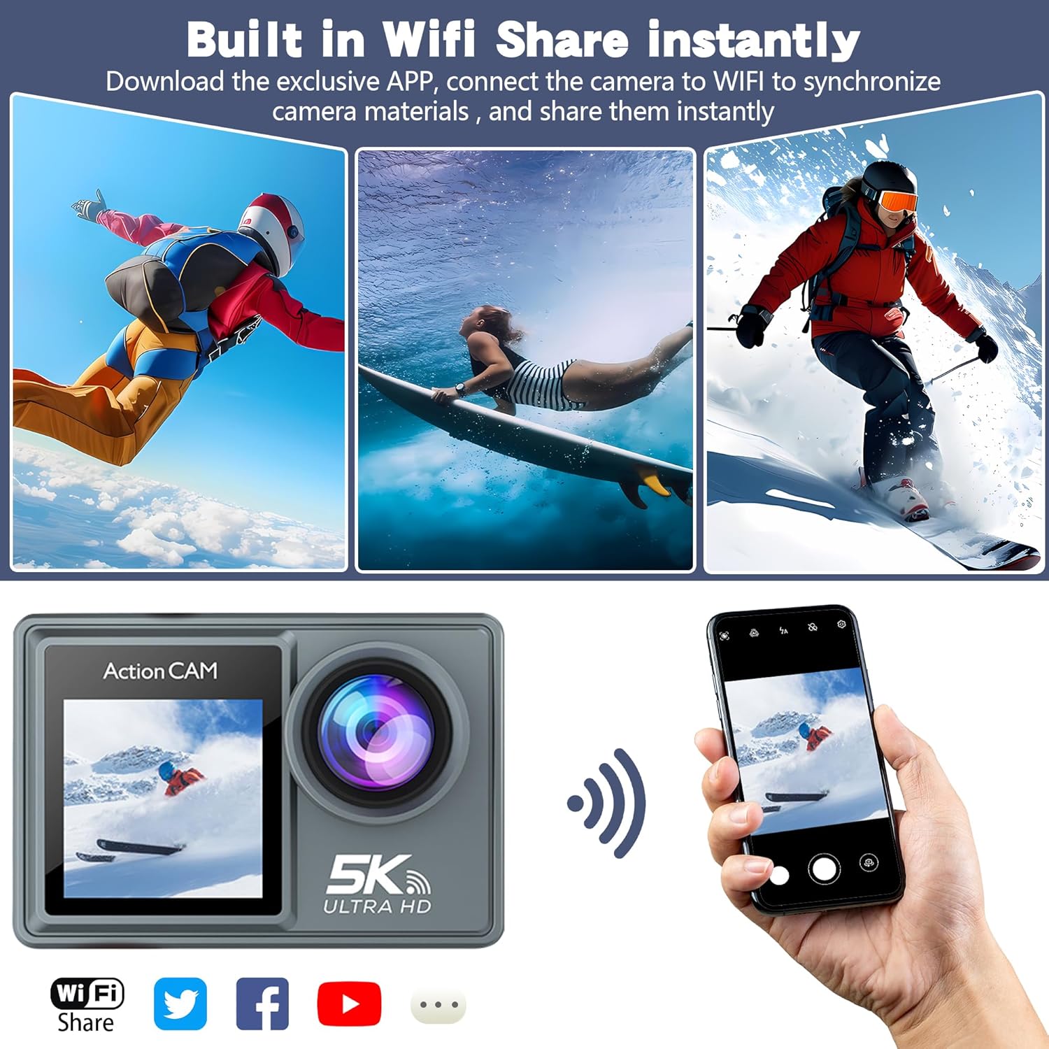 Action Camera 5K30FPS, 48MP Ultra HD Underwater Camera EIS WiFi Remote Control Dual Touchscreens Sport Cameras with 32GB SD Card, Microphone and Helmet Mount Accessories Kits - Image 4