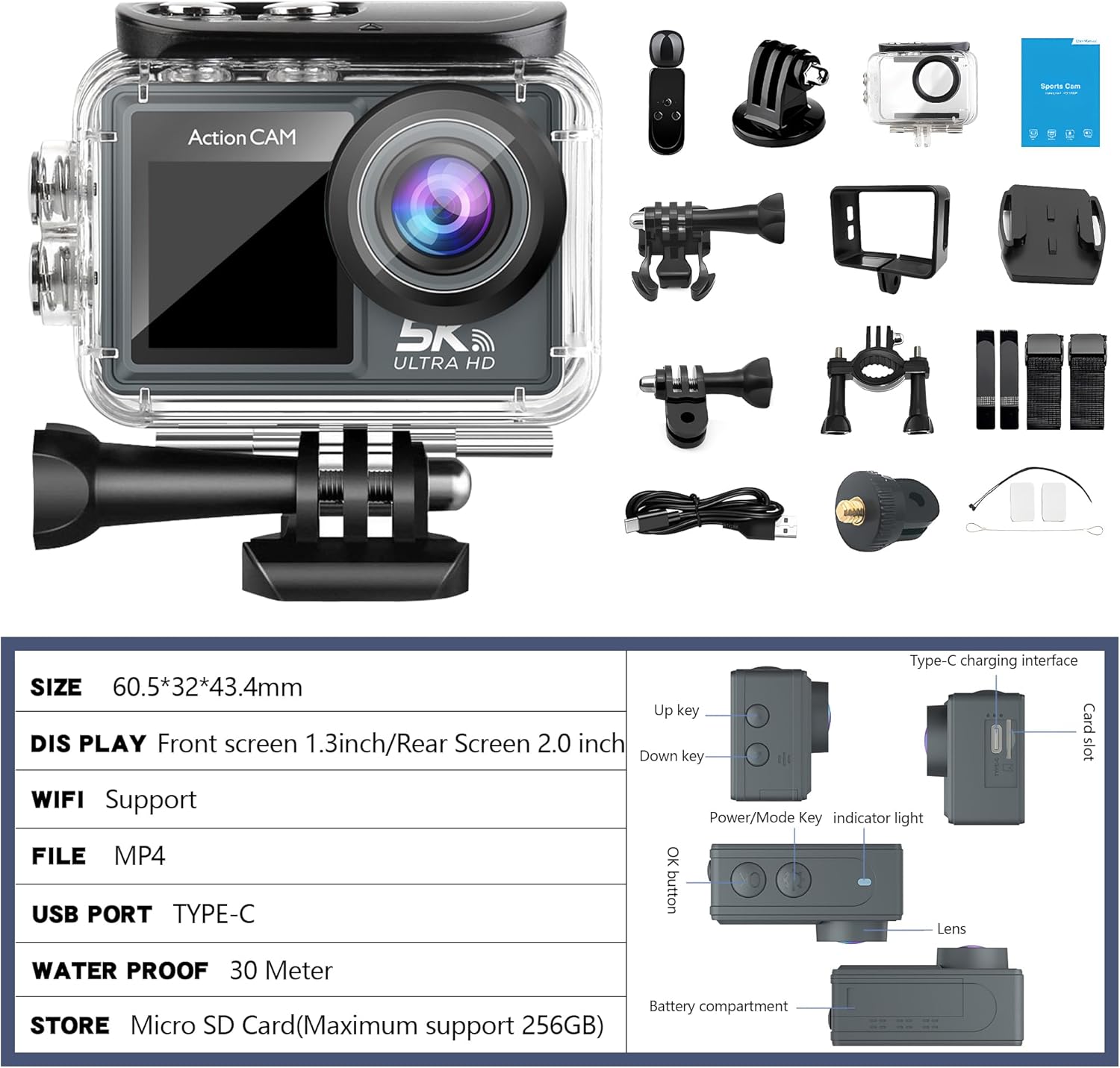 Action Camera 5K30FPS, 48MP Ultra HD Underwater Camera EIS WiFi Remote Control Dual Touchscreens Sport Cameras with 32GB SD Card, Microphone and Helmet Mount Accessories Kits - Image 8